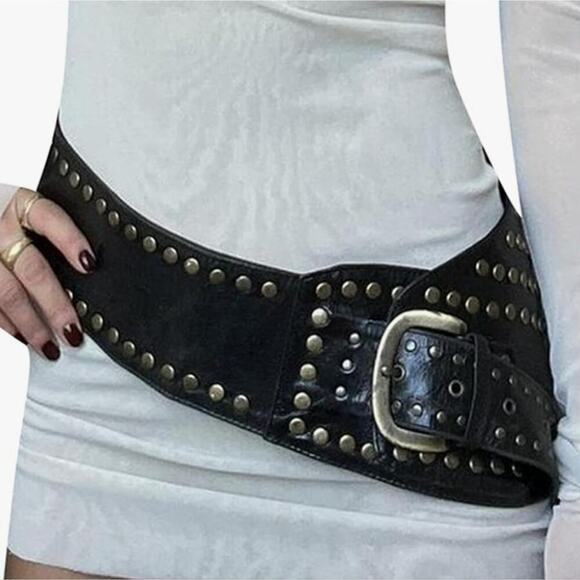 Black Wide Studded Leather Belt Waist Cinch Belt with Antique Gold Buckle - Picture 9 of 9